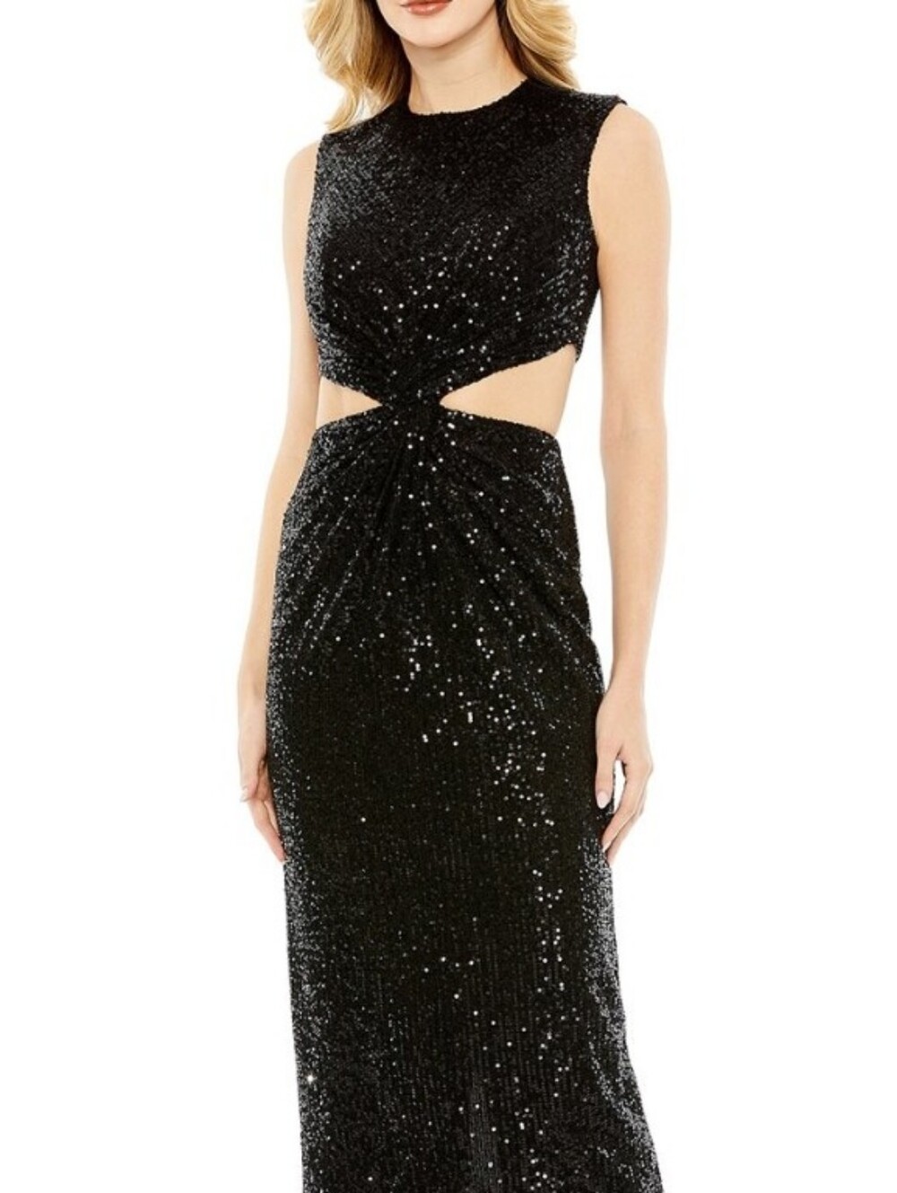 Mac Duggal Black Sequin Twist Cutout Midi Dress